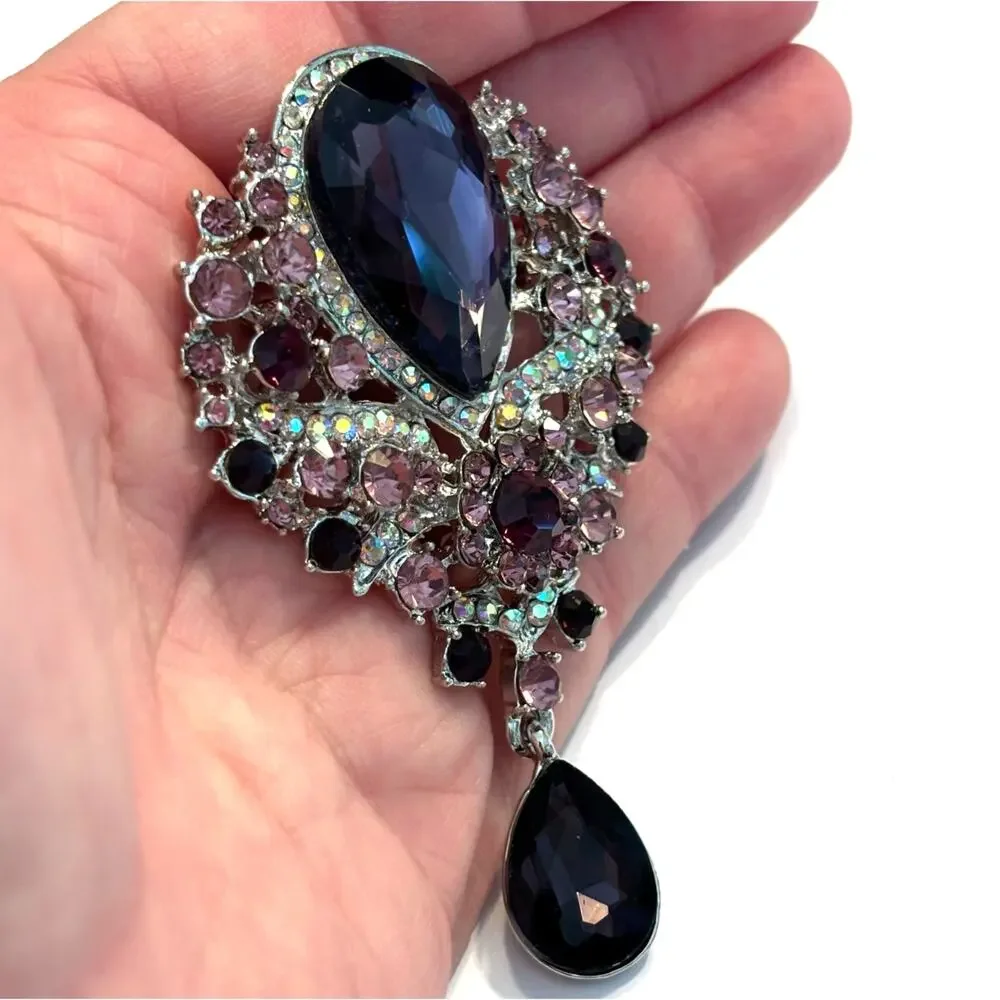 Vintage inspired brooch huge silver pink & purple rhinestones Victorian Empire